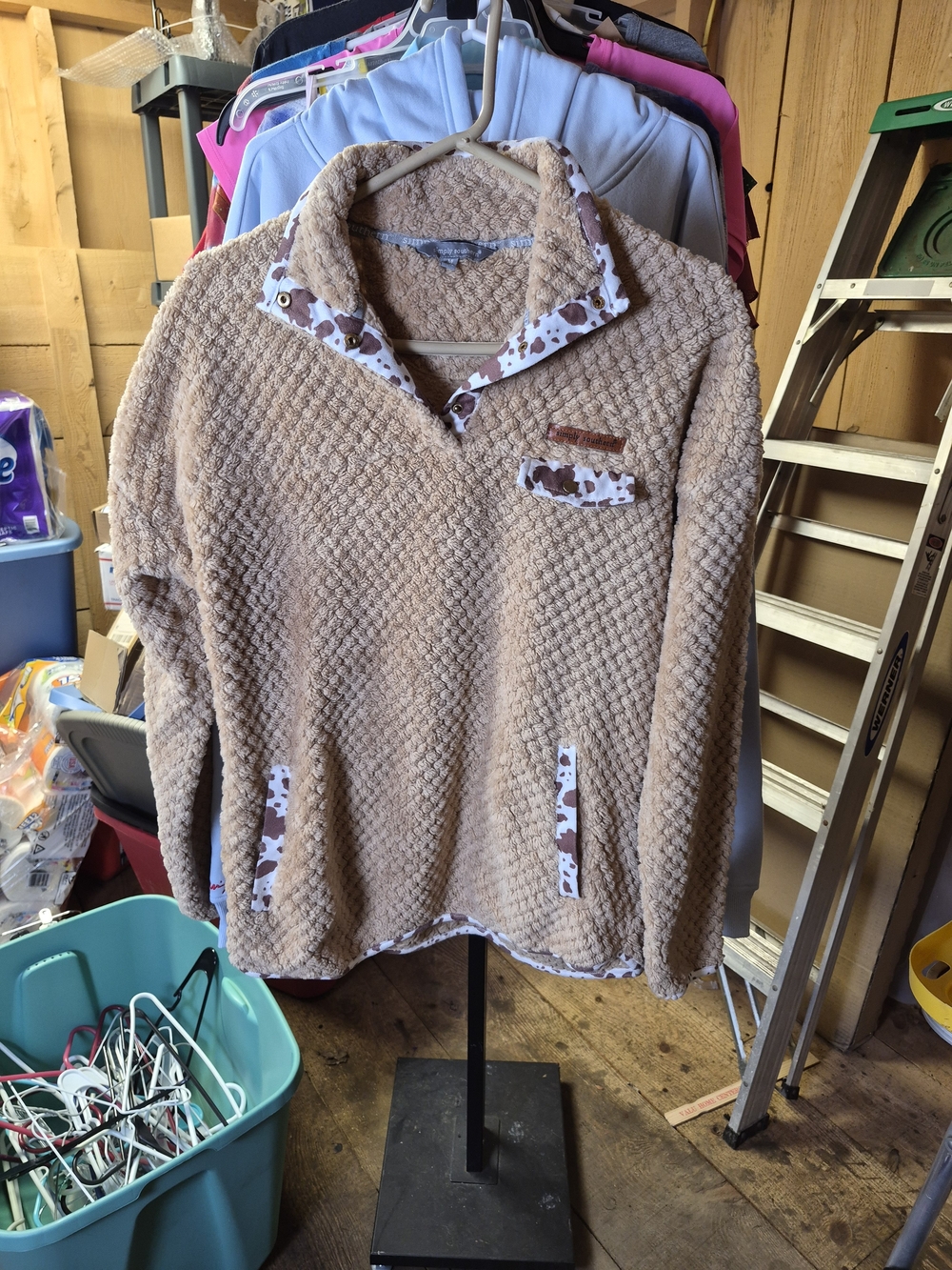 Simply Southern Tan Sherpa Pullover with Cow-Print Trim Bin 63